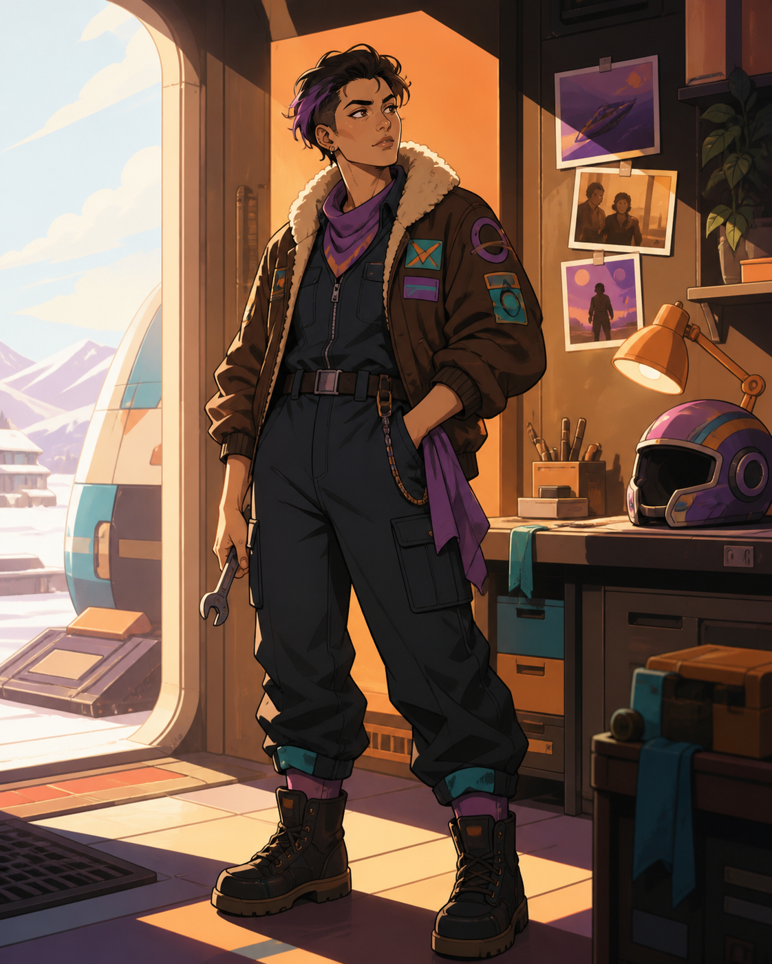 An adult nonbinary spacecraft mechanic wearing a patched flight jacket, surrounded by a few objects that quietly reveal their history. Confident full-body editorial portrait with a strong graphic silhouette. Apricot, orc
