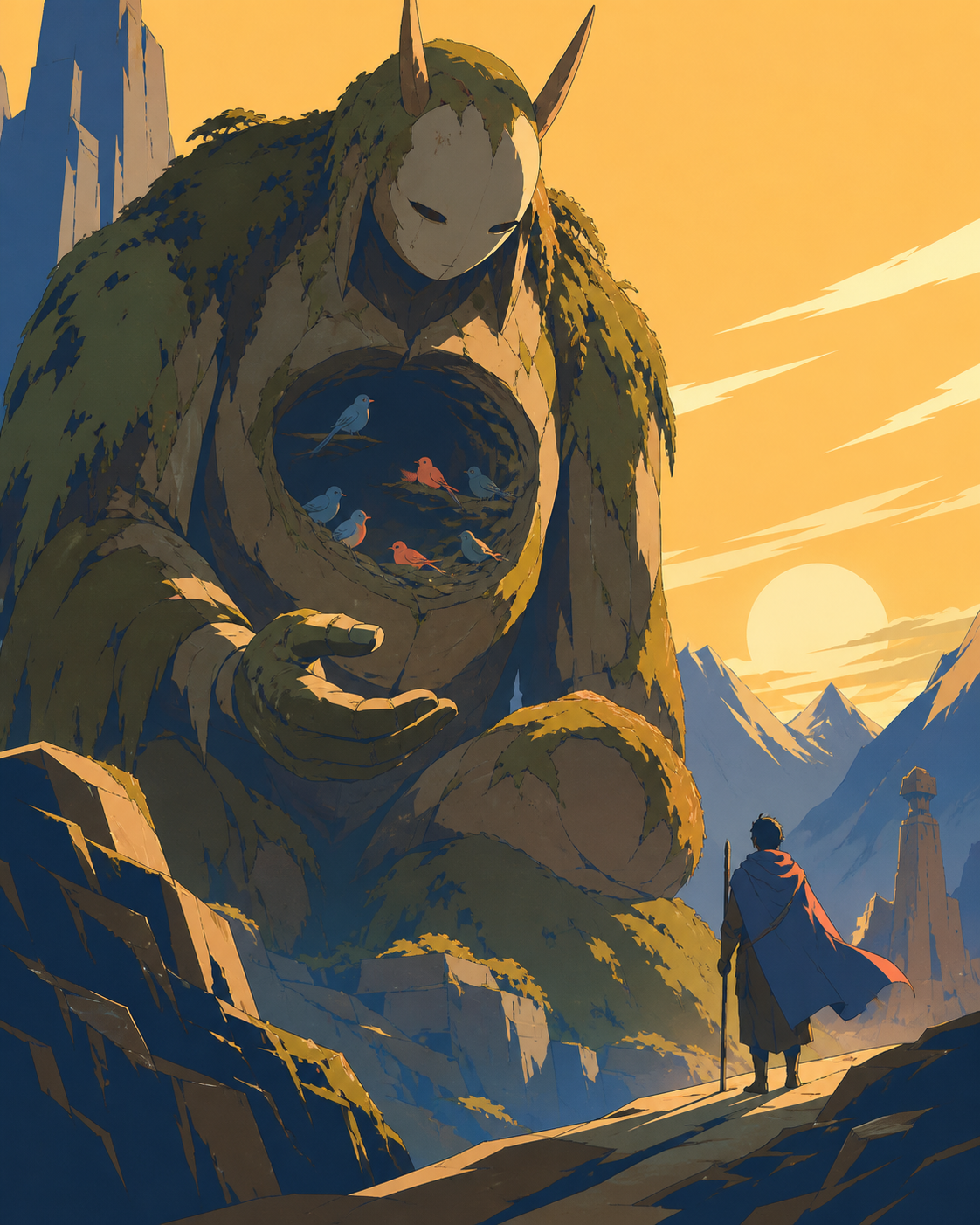 A gentle moss-covered guardian with a hollow chest full of songbirds, meeting a lone traveler without hostility for the first time. Low-angle encounter framed by terrain and atmospheric depth. Amber, walnut brown, rain b