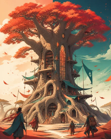 A massive baobab serving as a library for migrating storytellers, during a seasonal change represented through broad color masses. Vertical hero view showing the full tree from roo
