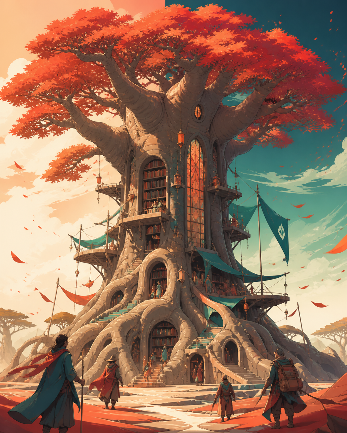 A massive baobab serving as a library for migrating storytellers, during a seasonal change represented through broad color masses. Vertical hero view showing the full tree from roots to crown. Vermillion, charcoal, warm 
