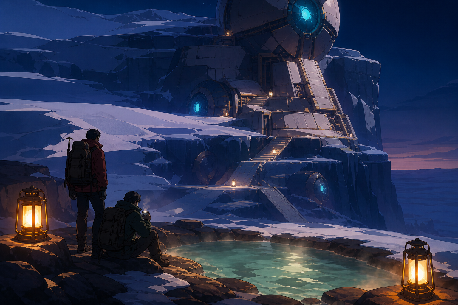 Two adult hikers locating a warm spring beneath a frozen plateau, while careful observation reveals the landscape's unusual rule. Vertical ascent composition with several clear resting points. Burgundy, midnight green, b
