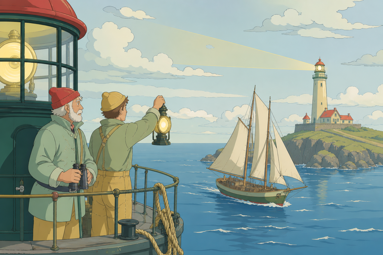 Two lighthouse keepers discovering their towers have begun exchanging signals, while calm seas make one unusual event impossible to miss. Wide maritime view placing vessel and destination in clear relation. Soft pistachi