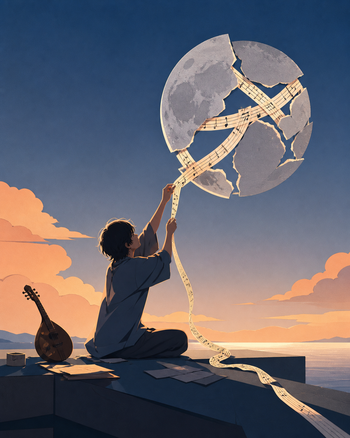 A musician repairing a broken moon with strips of melody, during an ordinary action whose symbolic meaning is immediately legible. Wide quiet frame with meaningful negative space. Sun-bleached peach, desert ochre, cool s