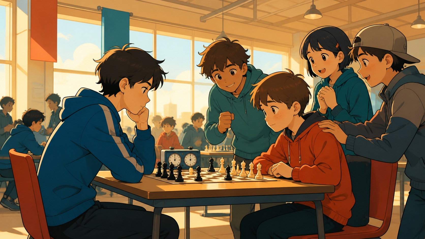 Young chess players facing one another inside a busy community hall, as teammates encourage the least experienced participant. Side-on sports frame preserving accurate body mechanics. Petrol blue, oxide red, industrial g
