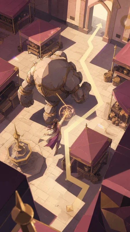 A rescue mage steering a runaway stone beast through an empty market square, during a high-stakes task centered on protection rather than destruction. Overhead tactical composition