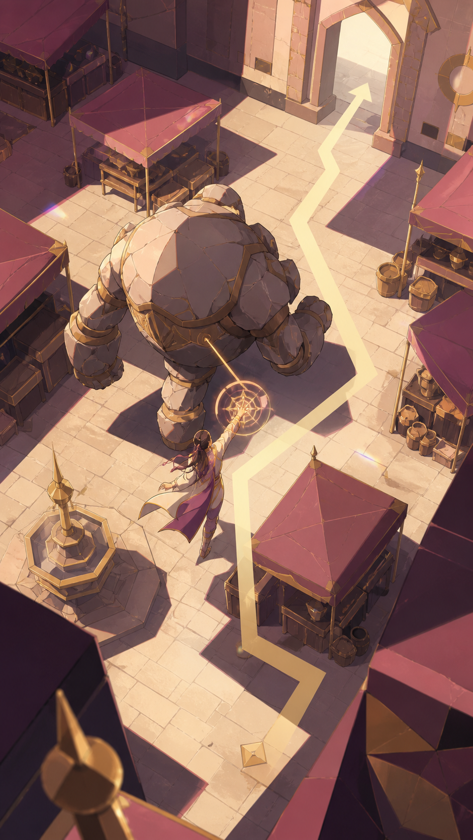 A rescue mage steering a runaway stone beast through an empty market square, during a high-stakes task centered on protection rather than destruction. Overhead tactical composition showing objective, obstacle, and escape