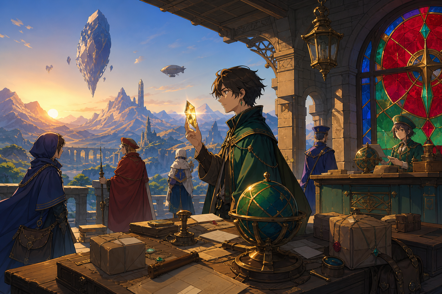 A mountain postal station serving travelers from several impossible centuries, at dawn after a discovery quietly changes their understanding of the world. Wide narrative composition with period architecture guiding the e