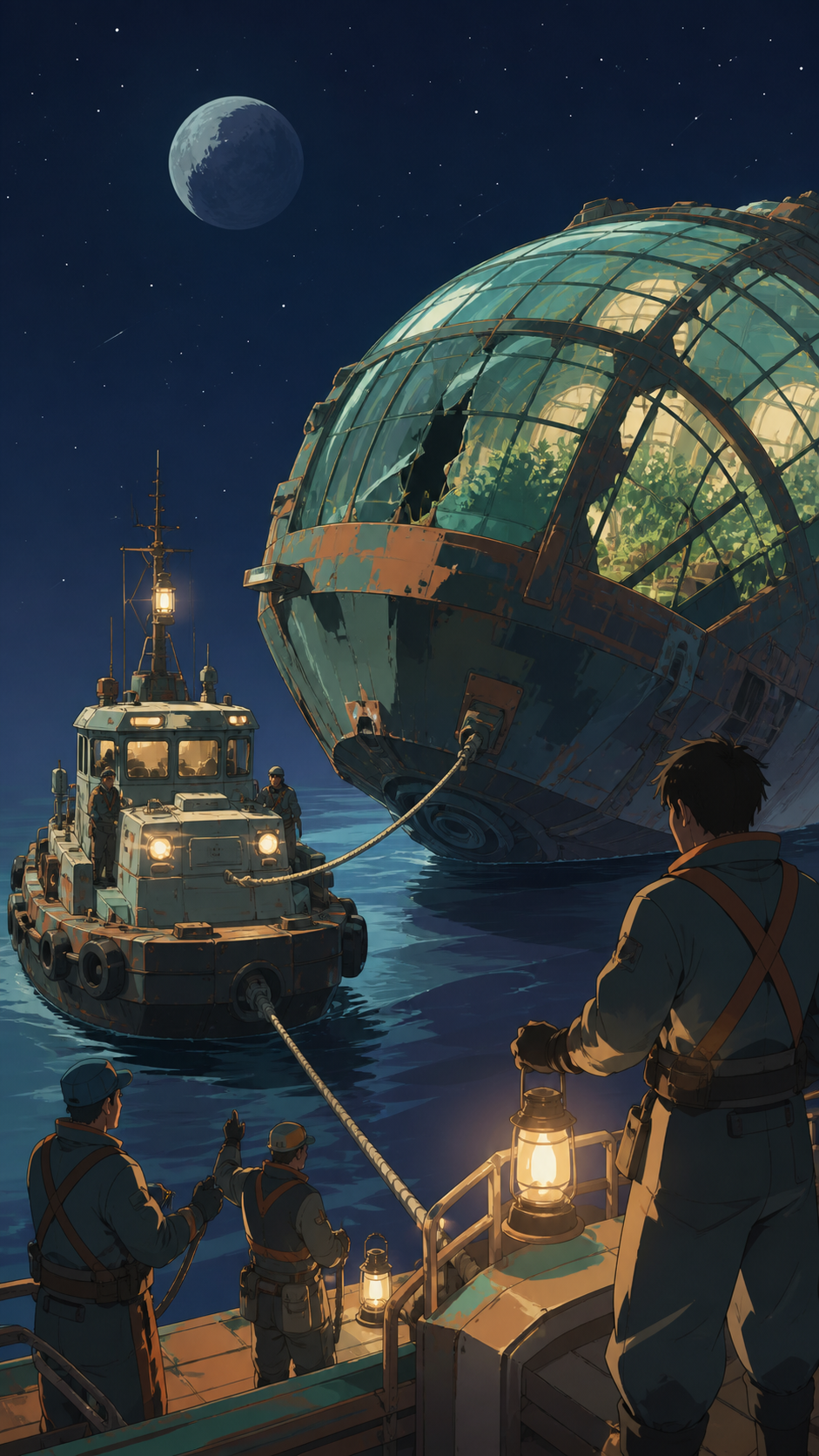 A small space tug guiding a damaged greenhouse ship toward safety, during the steady practical work after the immediate danger has passed. Strong diagonal composition following a rescue line across the scene. Moonlit ind