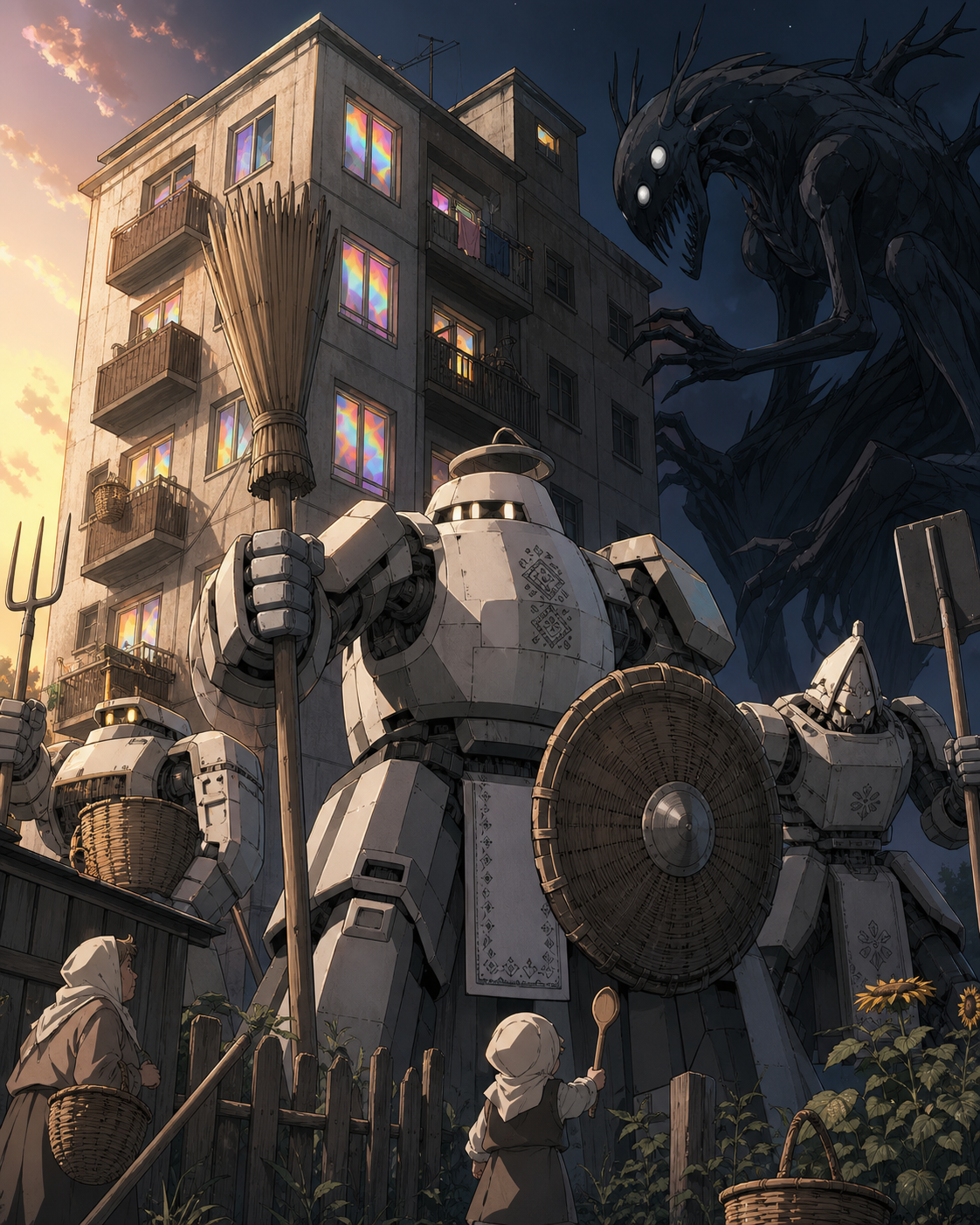 Household spirits defending an apartment block from a hungry night creature, during a folktale that balances domestic humor with genuine danger. Wide village-edge frame with warmth on one side and danger on the other. Mo