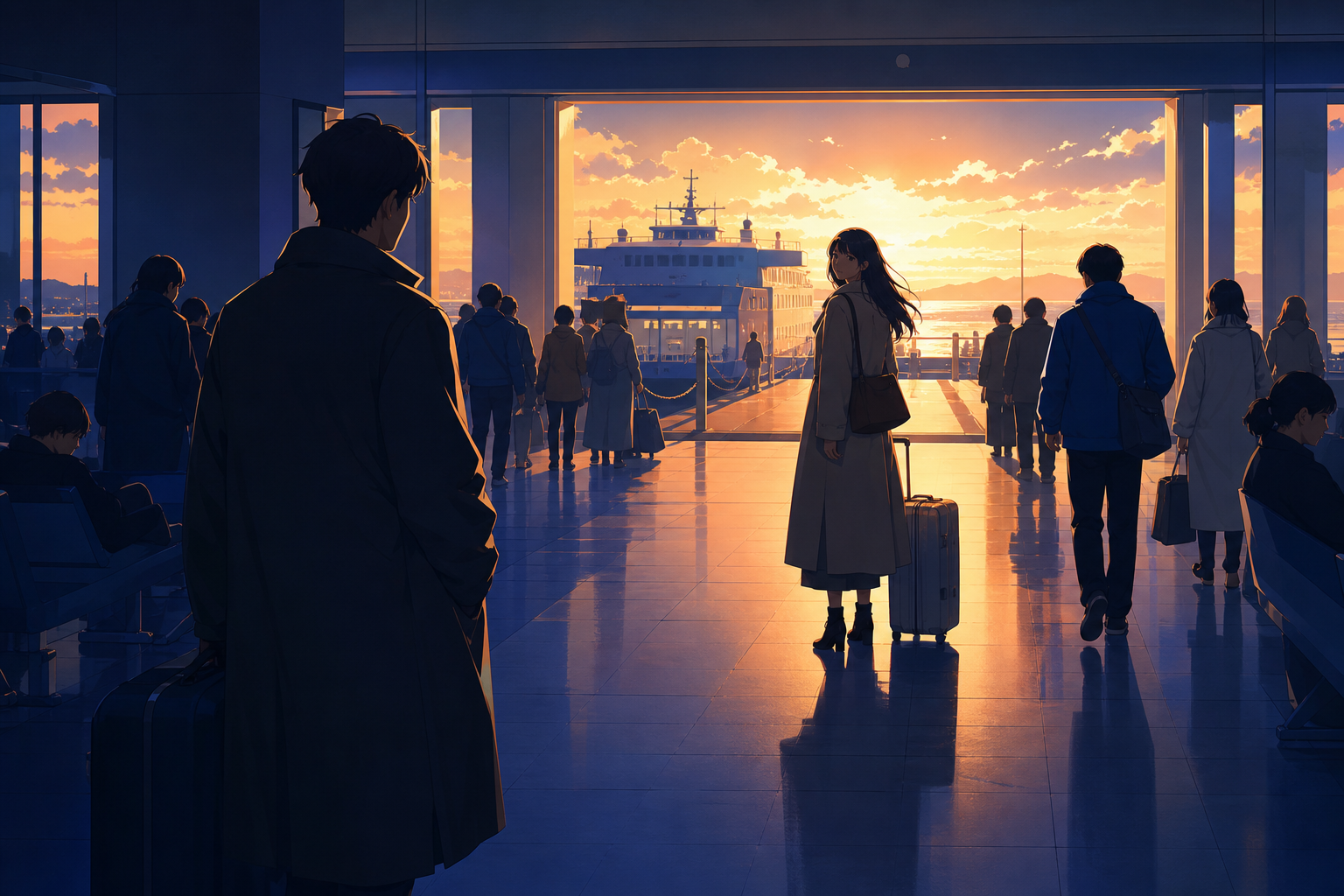 Two adult travelers recognizing one another across a crowded ferry terminal, in a private-feeling moment surrounded by ordinary public life. Observational long shot where one small gesture becomes the focal point. Cobalt