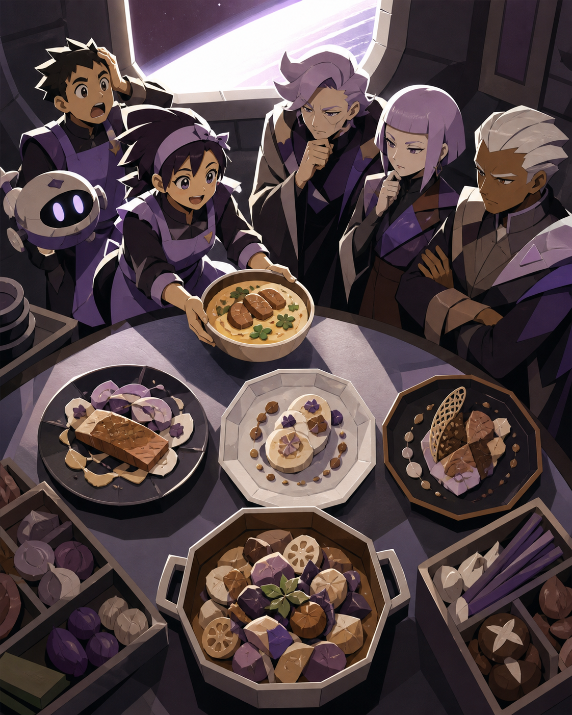 Space-station cooks improvising dinner after gravity briefly changes, as one simple family recipe surprises the formal judges. Overhead-leaning composition comparing several finished dishes. Mulberry, tea brown, tarnishe