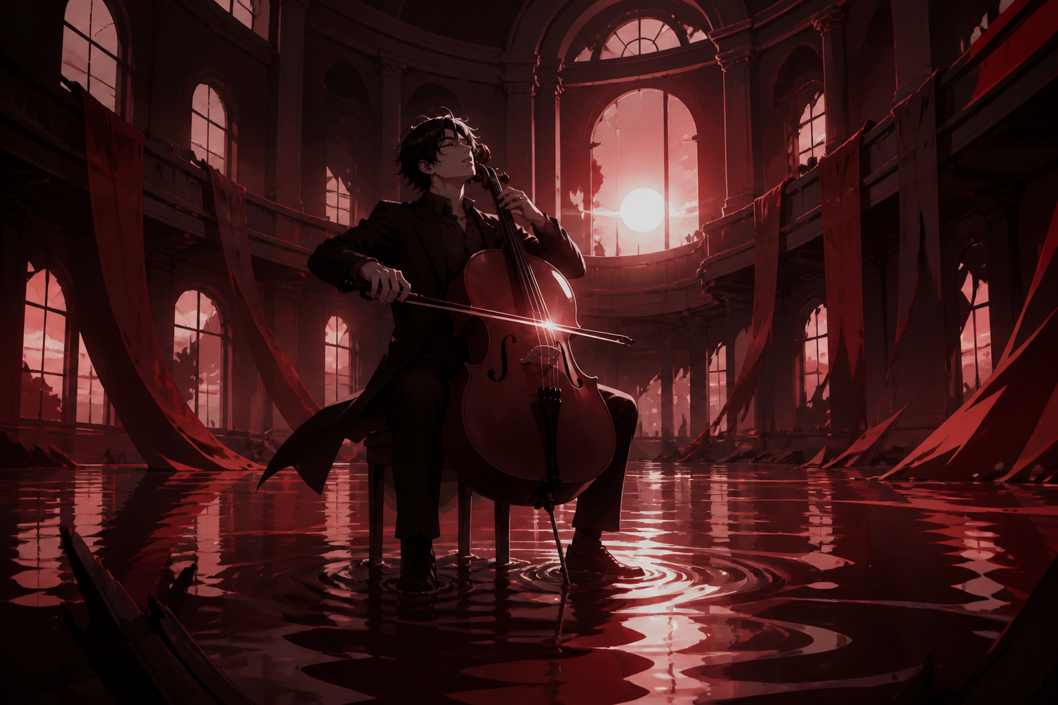 An adult cellist performing alone in a flooded concert hall, captured at the emotional peak of the performance. Dynamic stage-wide frame with movement radiating from the lead performer. Crimson, black cherry, muted bronz