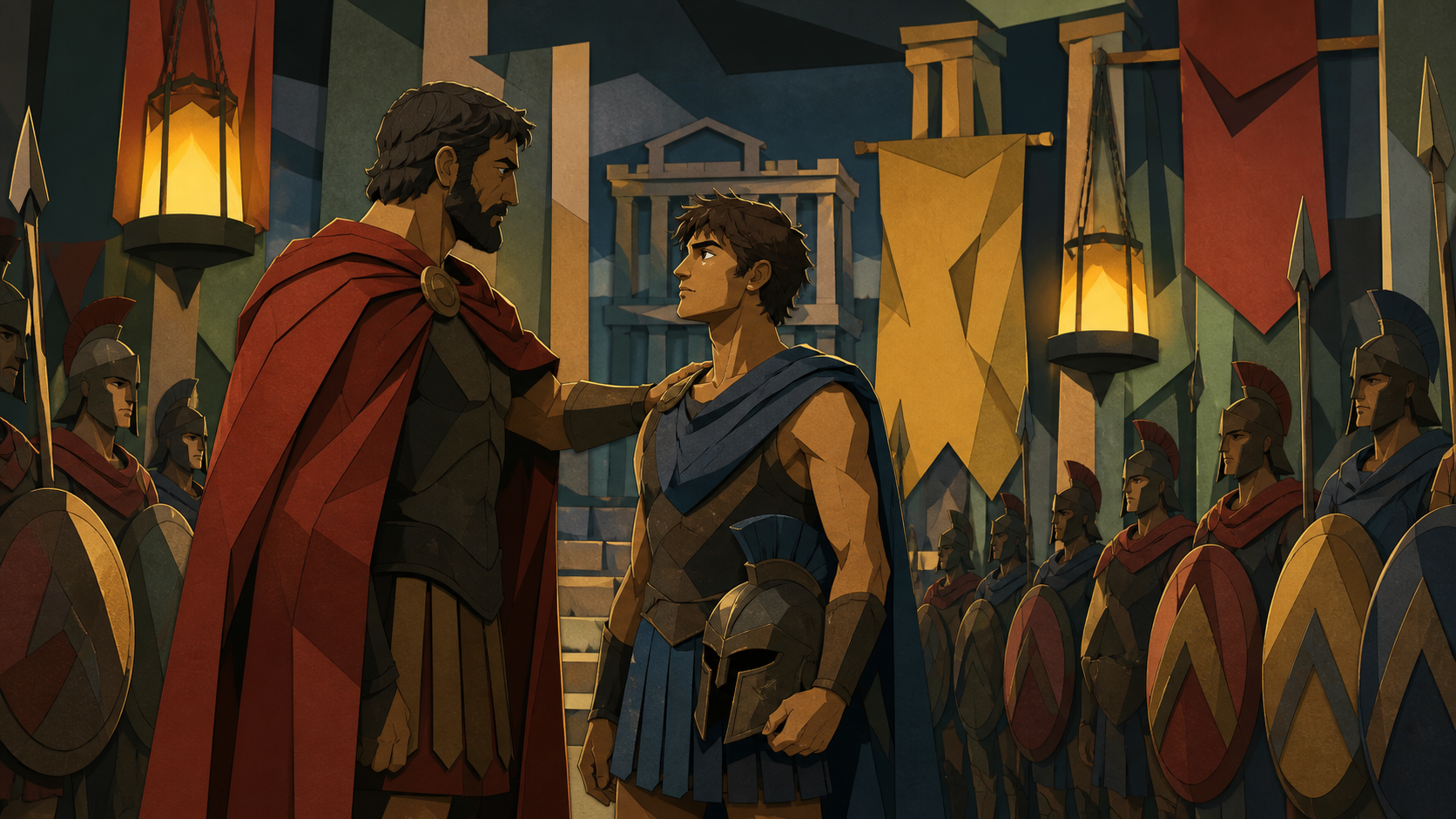 A warrior captain choosing a champion before a citywide athletic contest, after a costly campaign when the city must decide what victory means. Intimate pre-battle frame centered on two commanders and their waiting armie