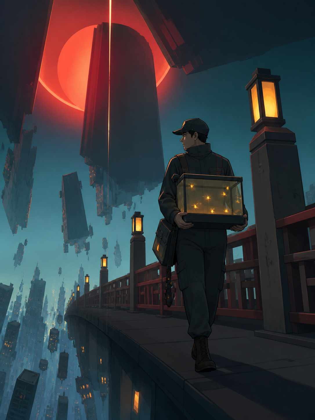 An adult male courier carrying a glass case of captive fireflies, crossing a lantern-lit bridge as the city below loses gravity. Intimate three-quarter view with strong foreground and background layers. Petrol blue, oxid