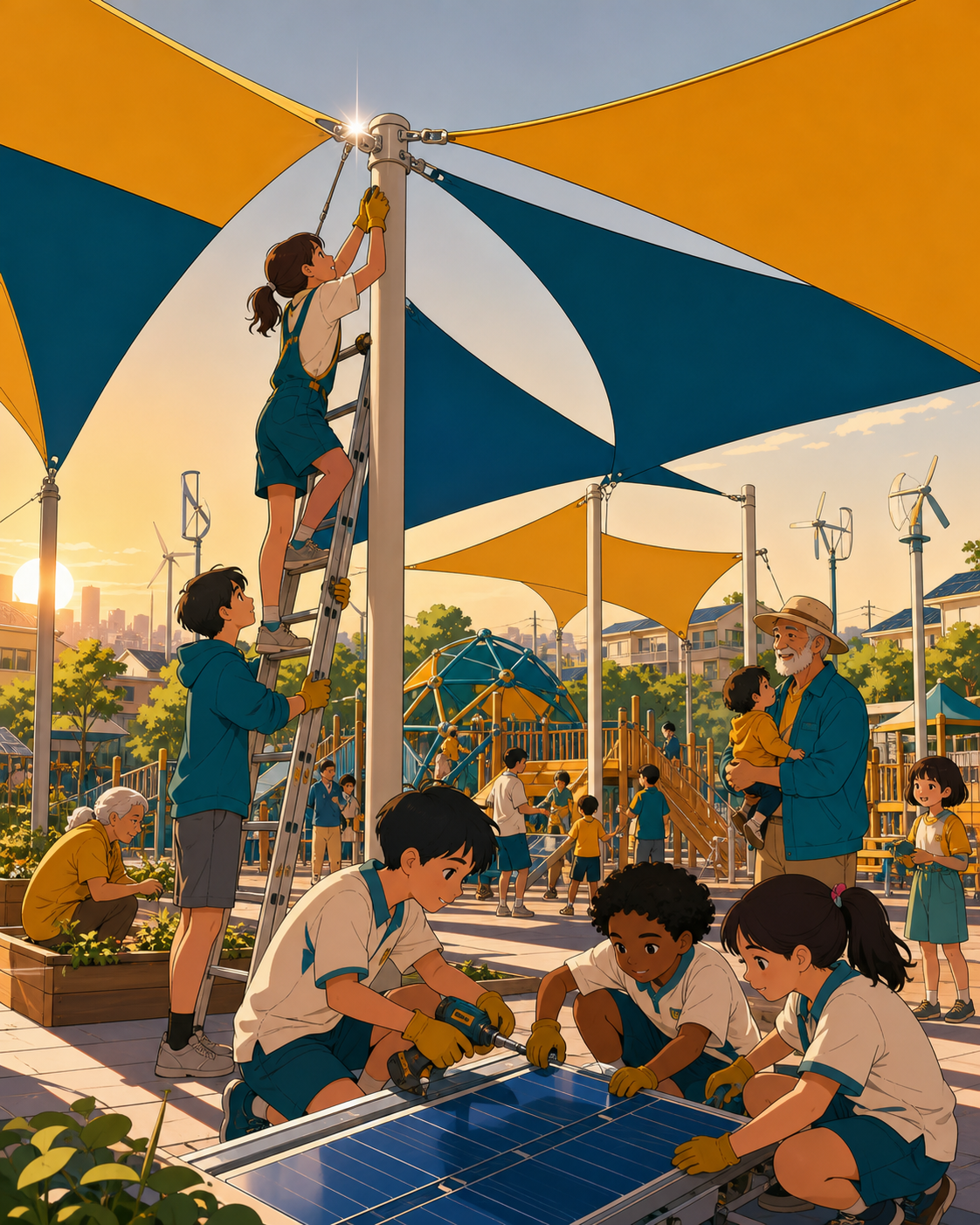 Schoolchildren helping install shade panels over a public playground, as practical climate design becomes part of a local celebration. Human-scale street scene where technology feels ordinary and useful. Saffron, peacock