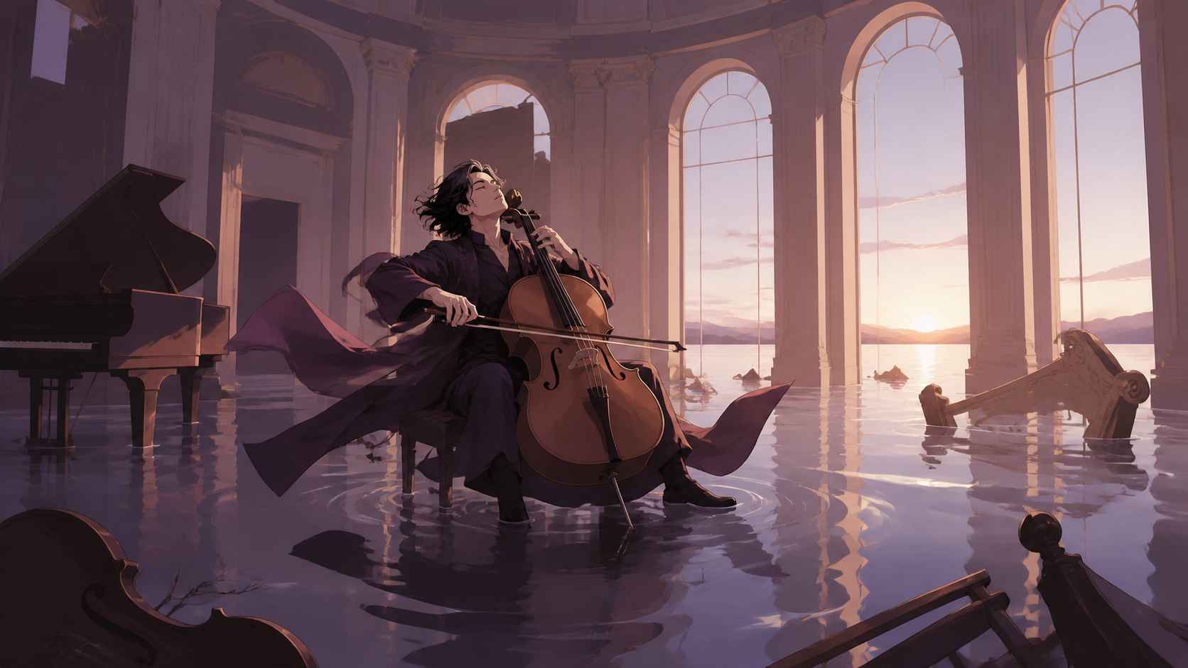 An adult cellist performing alone in a flooded concert hall, captured at the emotional peak of the performance. Dynamic stage-wide frame with movement radiating from the lead performer. Mulberry, tea brown, tarnished sil
