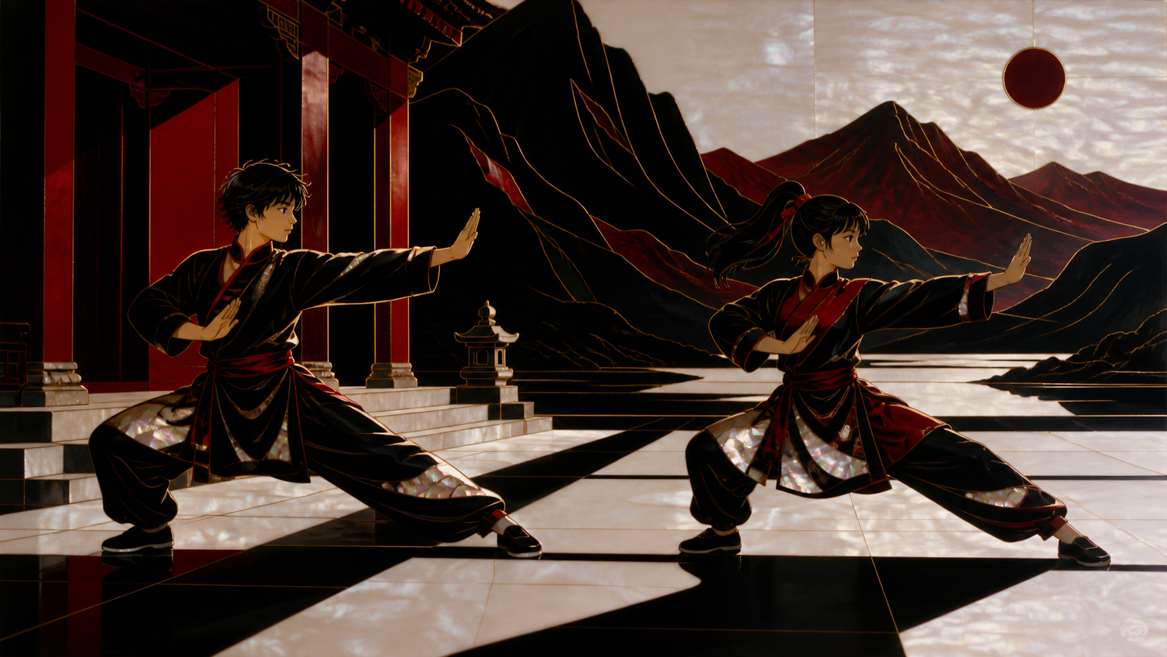 Siblings practicing synchronized forms beside a mountain temple, in a calm location whose stillness contrasts with precise movement. Wide side-on frame showing both complete poses and the space between them. Crimson, bla