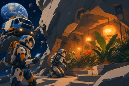 Two exosuit miners discovering a warm garden beneath an asteroid quarry, during a carefully coordinated operation with clear roles. Expansive orbital composition anchored by one cl