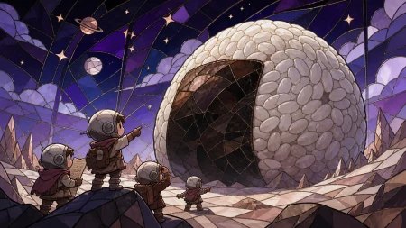 Miniature space explorers discovering a planet-sized rice ball, at the exact moment a clever plan becomes delightfully impractical. Low heroic angle that humorously exaggerates the
