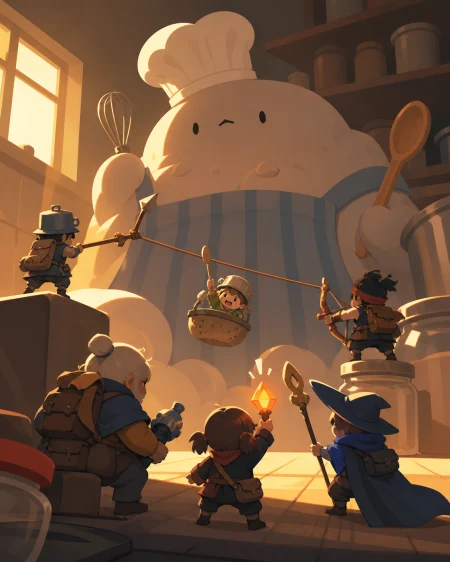 A tiny chibi rescue squad facing an enormous but harmless kitchen monster, at the moment separate actions connect into one clear plan. Wide ensemble action tableau with each role r