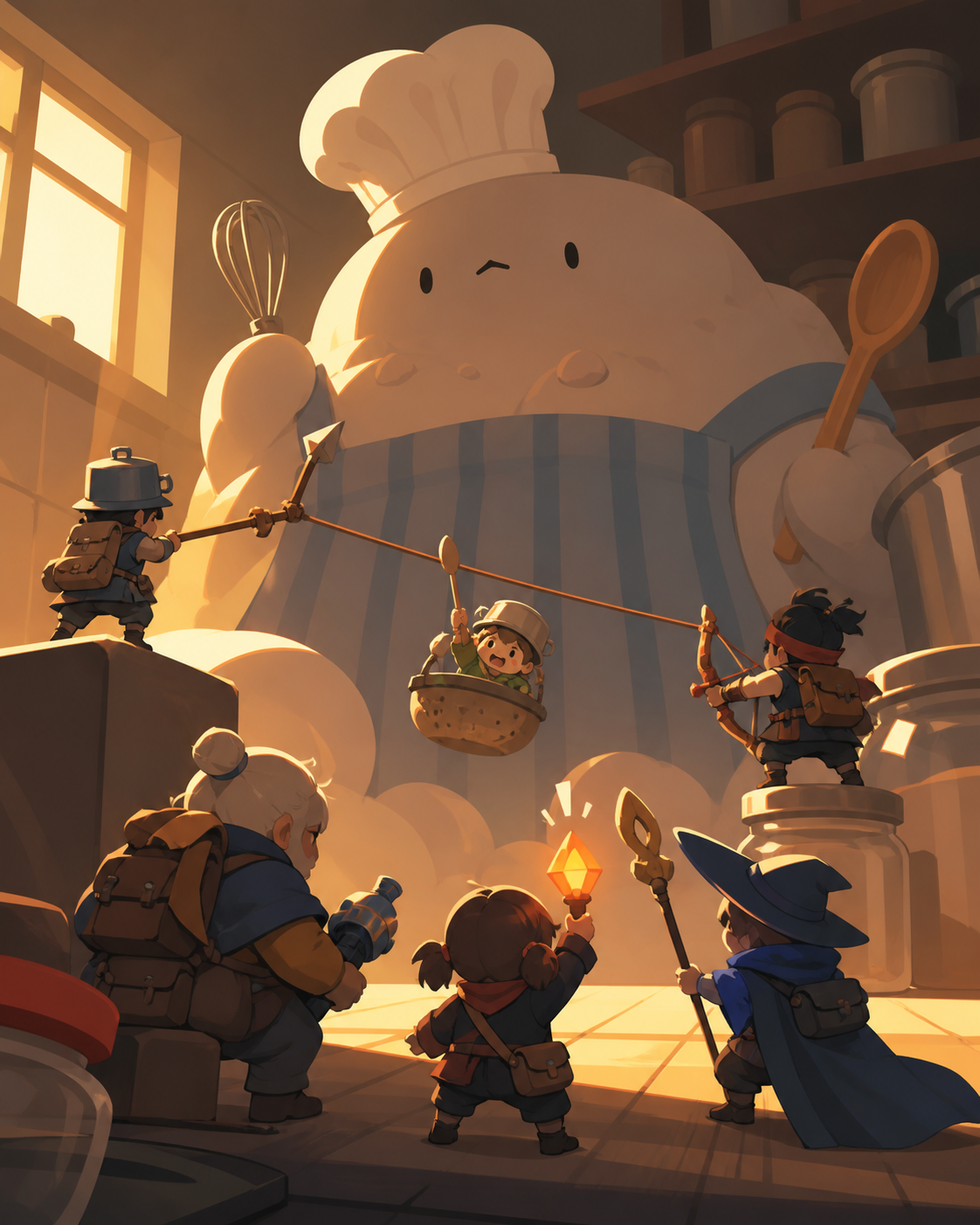 A tiny chibi rescue squad facing an enormous but harmless kitchen monster, at the moment separate actions connect into one clear plan. Wide ensemble action tableau with each role readable independently. Amber, walnut bro