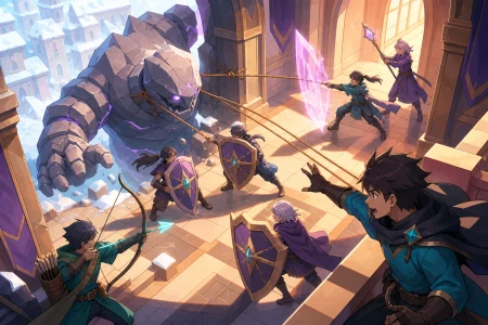 City defenders using shields, ropes, and clever teamwork against a stone beast, during a high-energy but non-gory confrontation. Elevated tactical view with clear paths and coordin