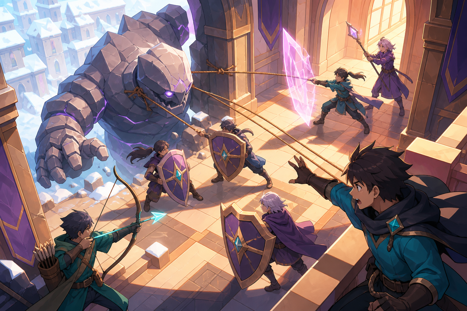 City defenders using shields, ropes, and clever teamwork against a stone beast, during a high-energy but non-gory confrontation. Elevated tactical view with clear paths and coordinated movement. Apricot, orchid purple, p