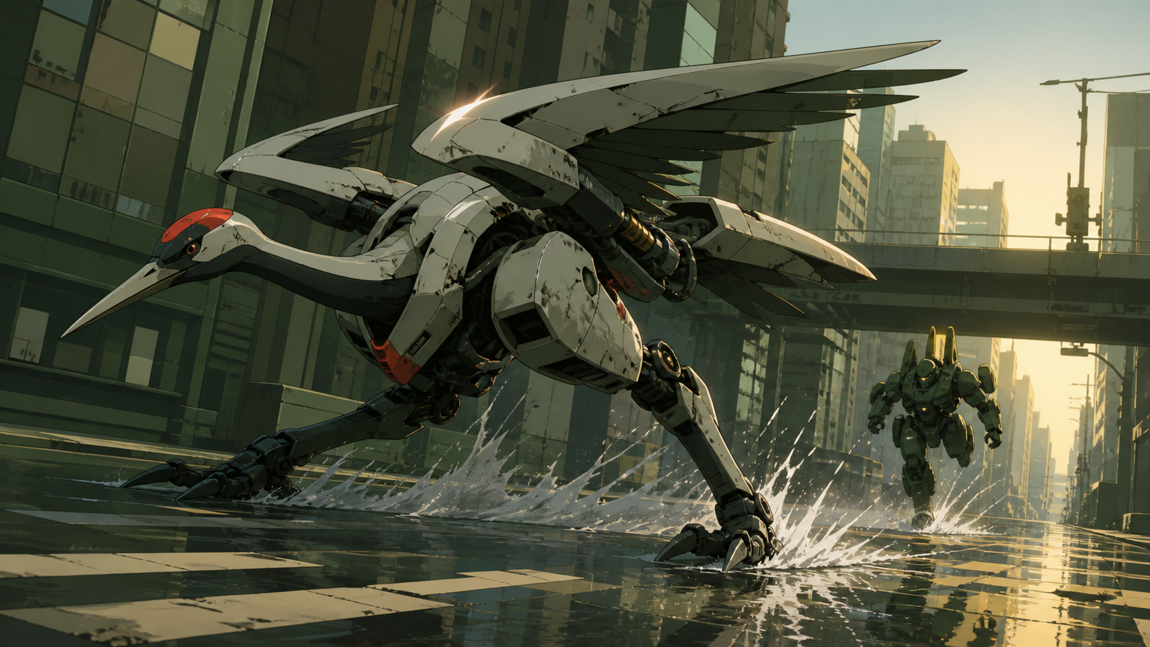 A battered rescue mecha designed like a red-crowned crane, skidding across a flooded megacity intersection during a decisive chase. Dynamic low-angle action frame with a strong diagonal movement line. Moss green, slate g