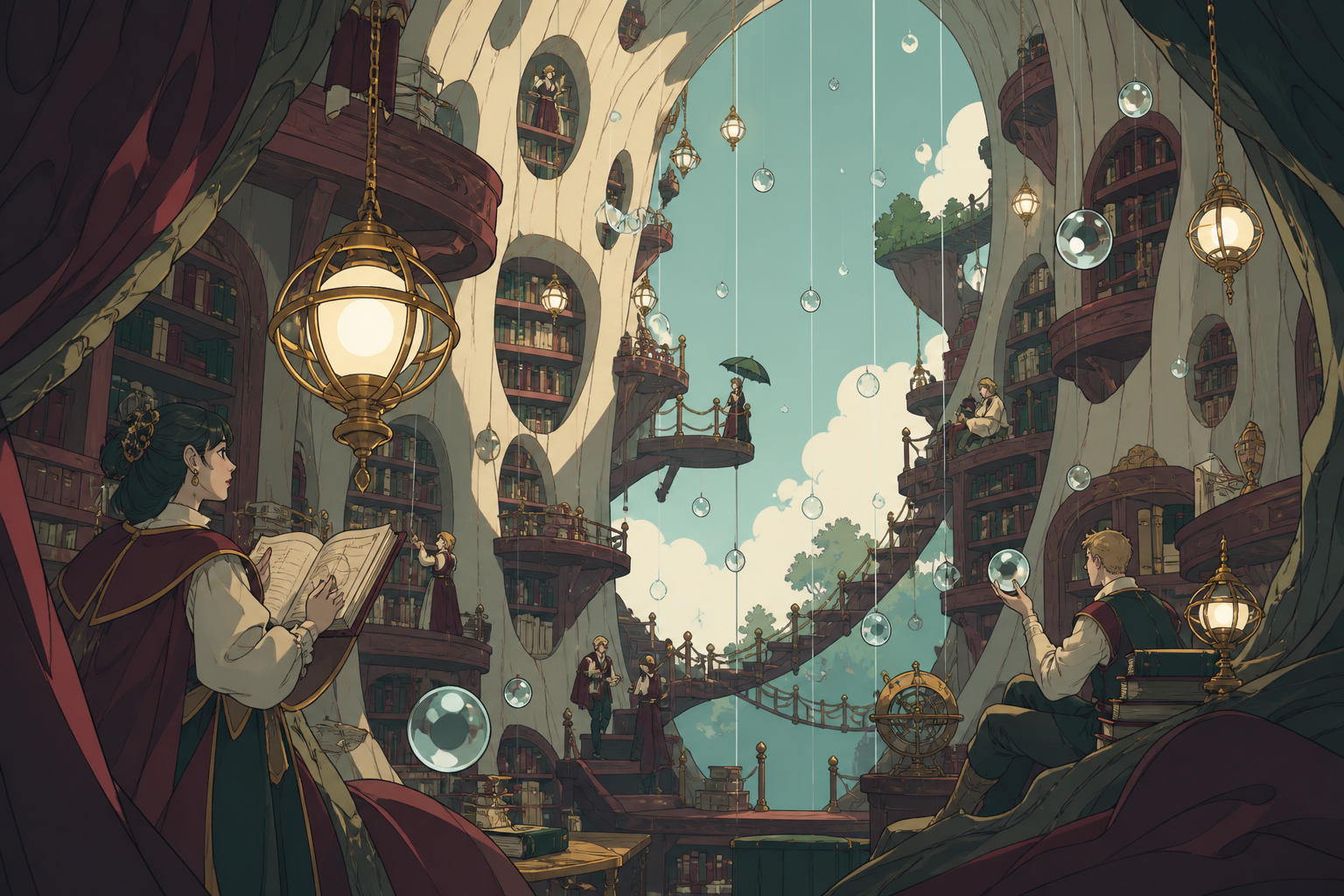 A vast library grown inside the hollow trunk of a world tree, during gentle rainfall that turns into floating glass beads. Wide landscape composition with dramatic foreground framing. Burgundy, midnight green, bone white