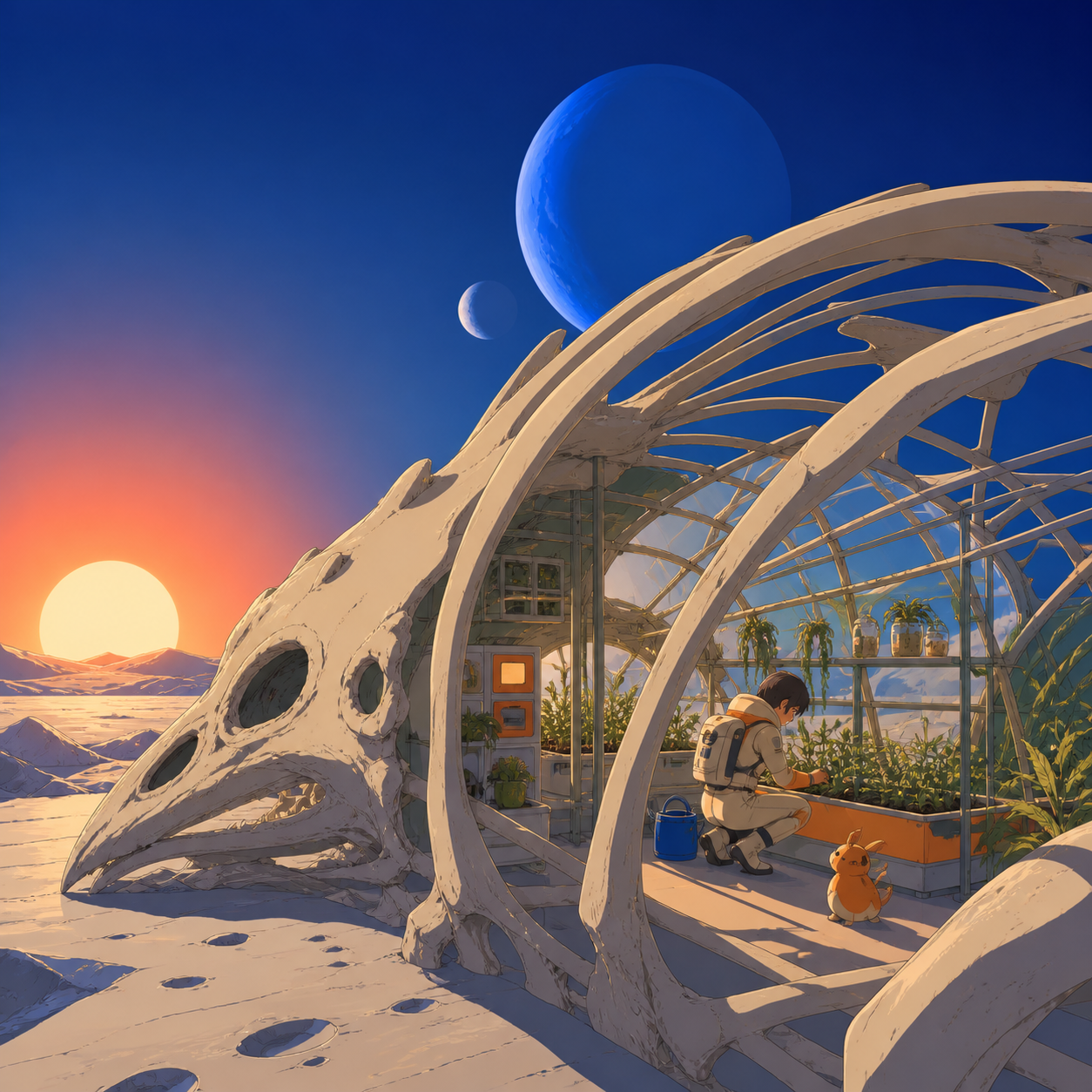 An astronaut tending a greenhouse inside the skeleton of a moon-sized creature, seen during an impossible sunrise with intimate signs of daily life. Expansive widescreen composition with strong negative space. Cobalt, pe