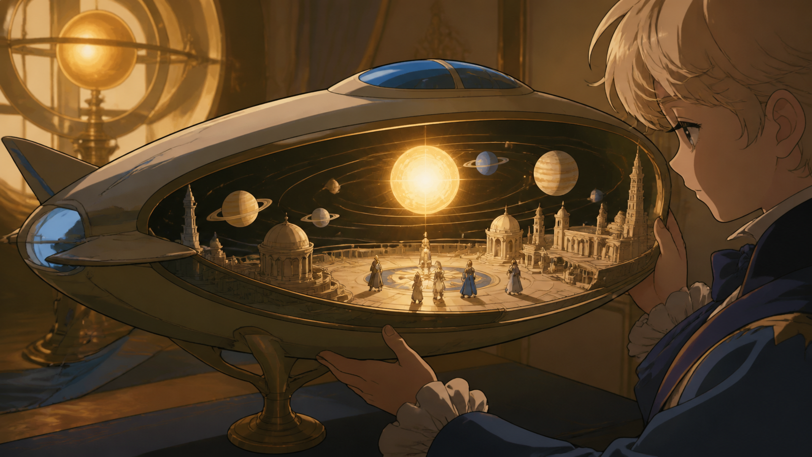 A child's model spaceship containing a real inhabited star system, with the outer owner and inner inhabitants visible at once. Macro object view with the miniature world occupying the visual center. Soft monochrome with 