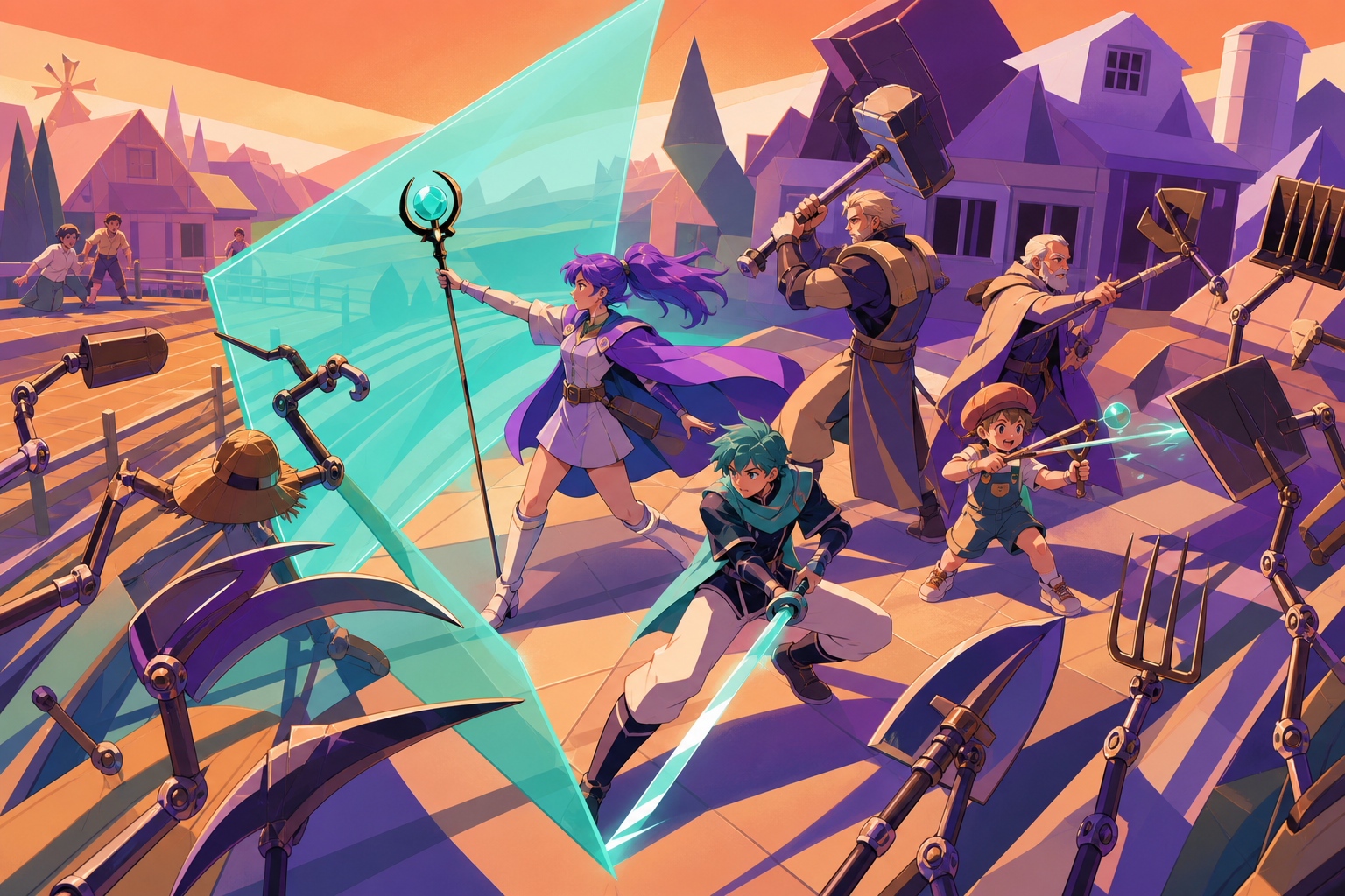 A mixed-age adventuring party protecting a village from animated farm tools, during a high-energy but non-gory confrontation. Elevated tactical view with clear paths and coordinated movement. Apricot, orchid purple, pool