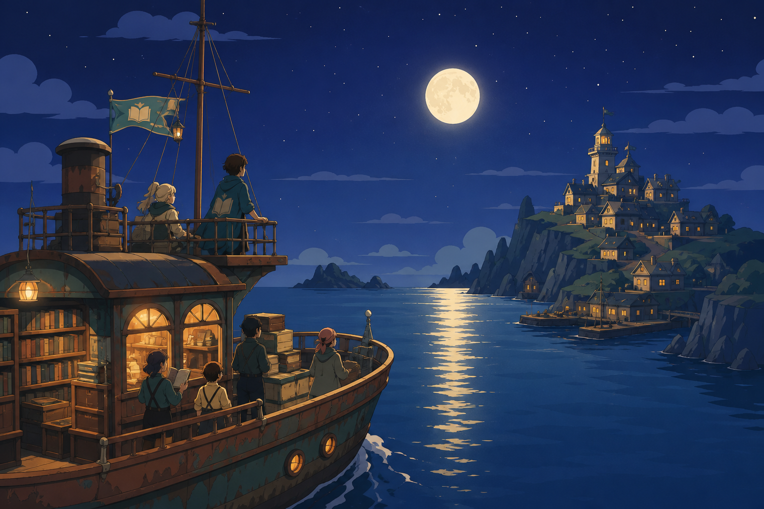 A library ferry delivering books among remote coastal settlements, at the approach to a destination none of the crew has seen before. Wide maritime view placing vessel and destination in clear relation. Moonlit indigo, o