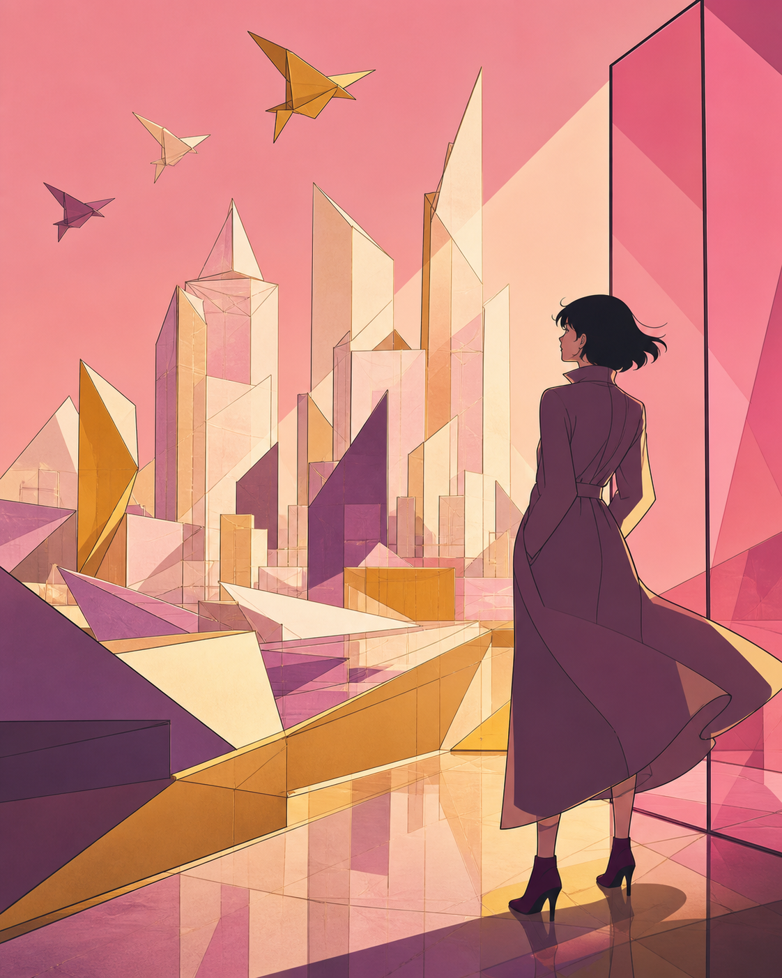 A city assembled entirely from folded memories represented as translucent paper, expressed as a visually coherent editorial artwork with no written explanation. Bold gallery-poster composition with no typography. Muted r