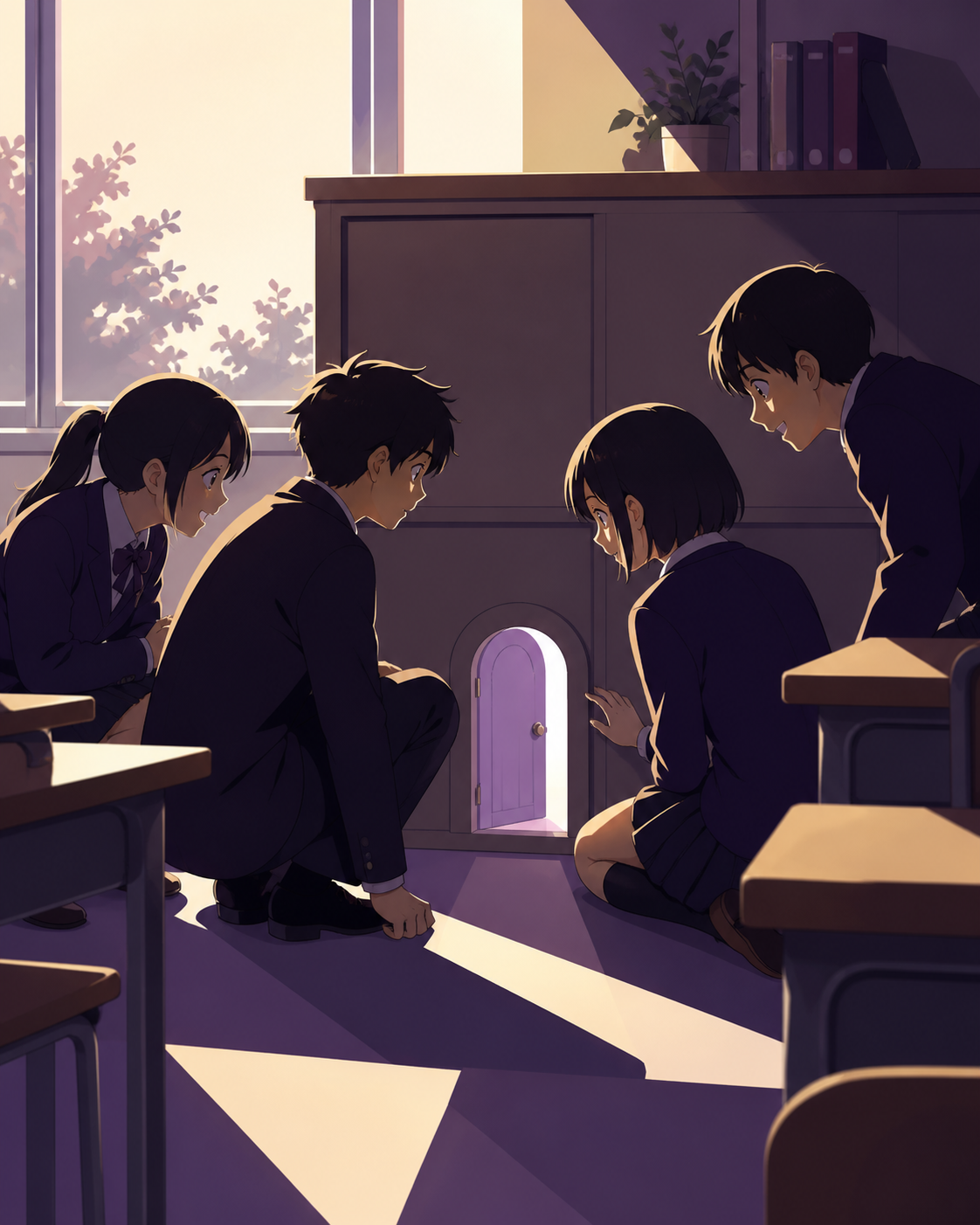 A cheerful class cleaning team finding a miniature door behind a cabinet, during a quiet moment when a friendship visibly changes. Sunlit classroom composition with desks creating calm geometric rhythm. Mulberry, tea bro