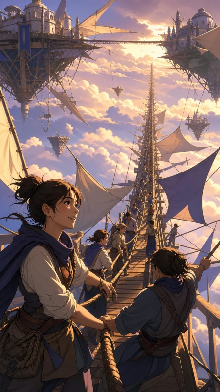 An impossibly long pedestrian bridge connecting two moving sky kingdoms, as changing winds force inhabitants into a practiced communal response. Vertigo-inducing vertical compositi
