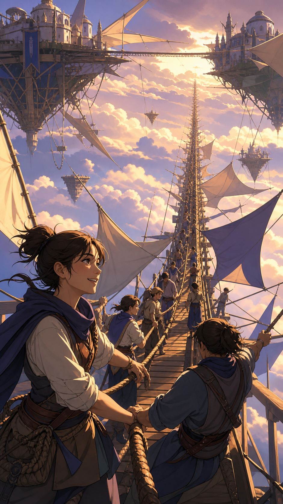 An impossibly long pedestrian bridge connecting two moving sky kingdoms, as changing winds force inhabitants into a practiced communal response. Vertigo-inducing vertical composition balanced by a calm foreground activit