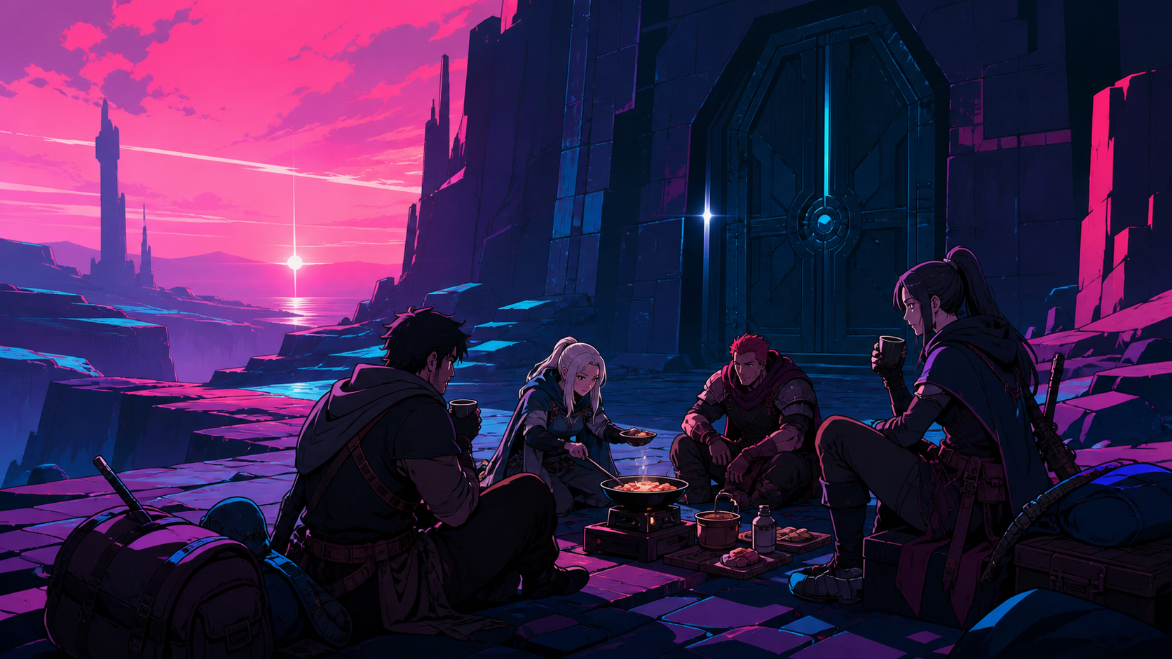An adult adventuring party cooking breakfast outside a sealed ancient vault, between major dangers during a practical human-scale task. Wide party tableau that makes the environment feel explorable. Saturated magenta, el