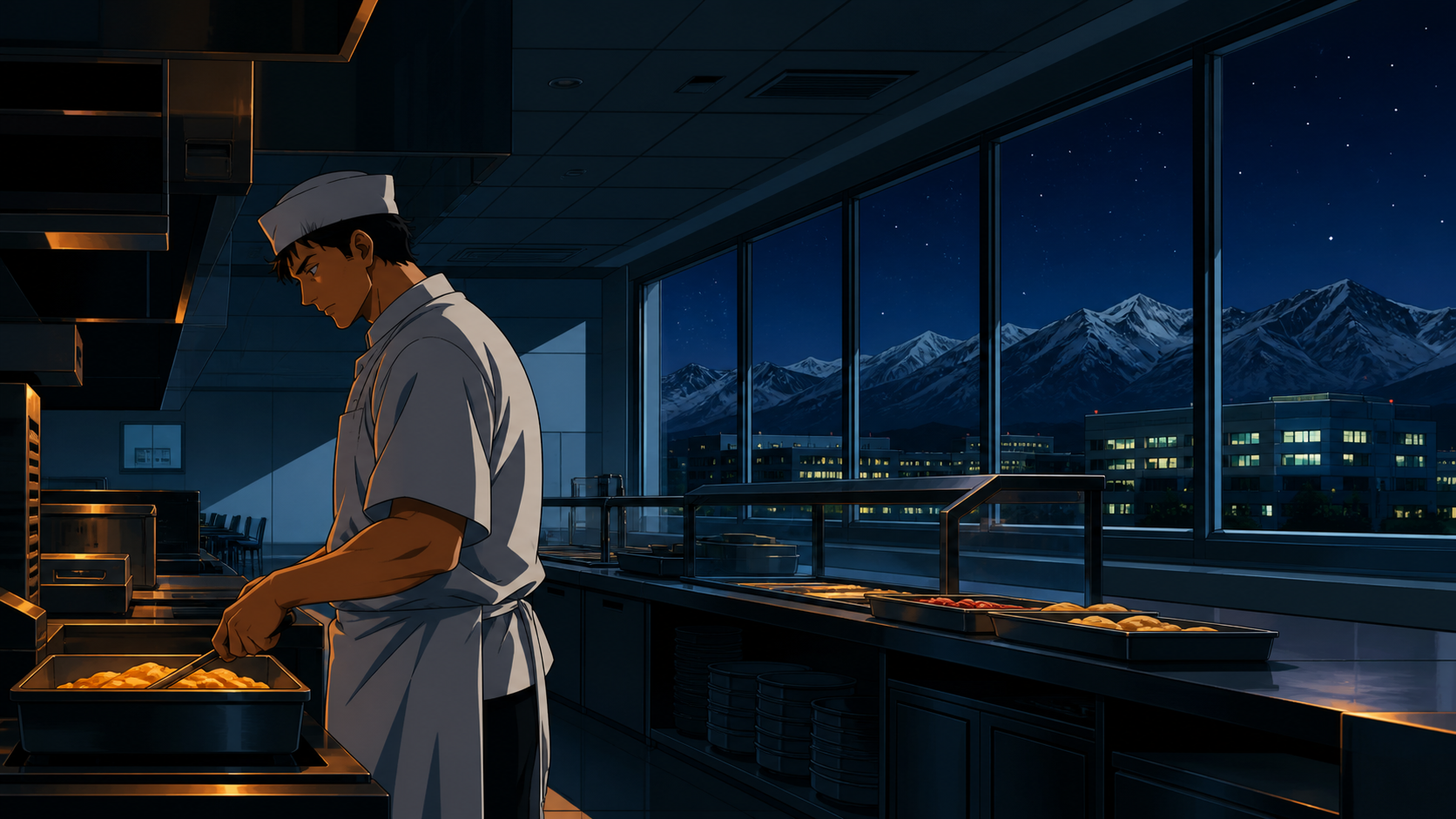 A hospital cafeteria cook preparing breakfast before the first commuters arrive, during the private-feeling hour when public spaces belong to their workers. Wide quiet interior with one worker clearly anchoring the scale