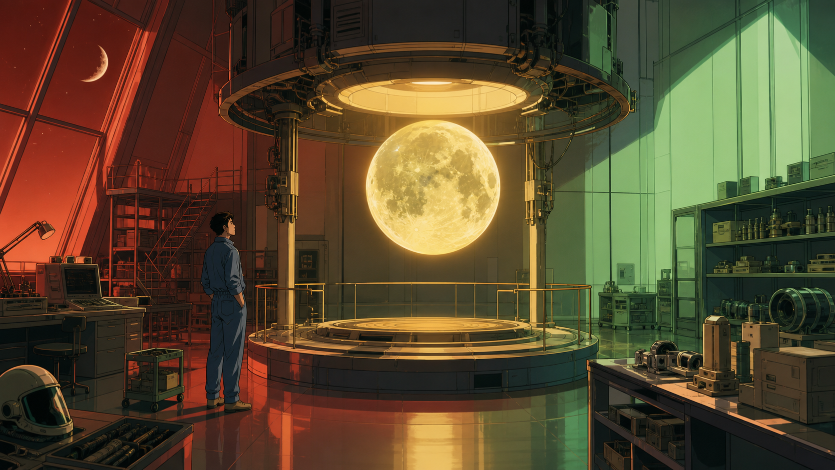 A quiet laboratory growing artificial moons for navigation experiments, when a prototype succeeds in a gentler way than intended. Lab-wide view organized around the active prototype. Clay red, sage, faded denim, and sunf