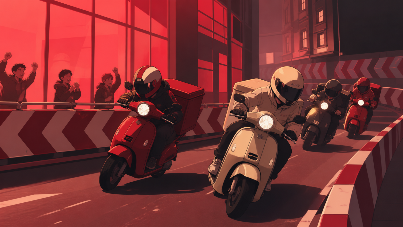 Delivery scooters weaving through a playful closed-course city race, at the exact moment one racer commits to a daring clean overtake. Long-lens road view compressing several racers into one readable battle. Crimson, bla