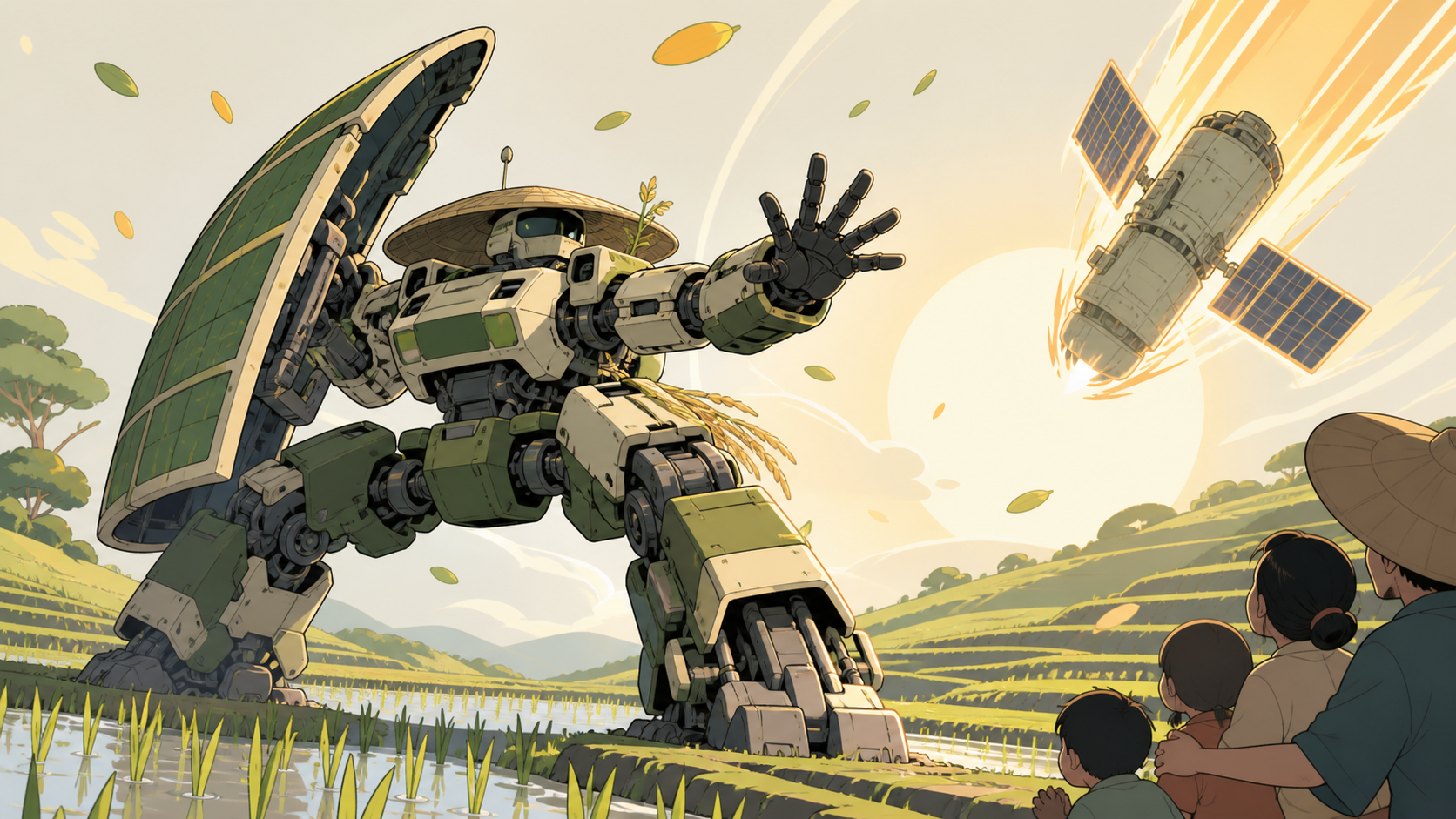 An agricultural mecha defending terraced rice fields from a falling satellite, bracing against a shockwave while protecting civilians just outside frame. Dynamic low-angle action frame with a strong diagonal movement lin