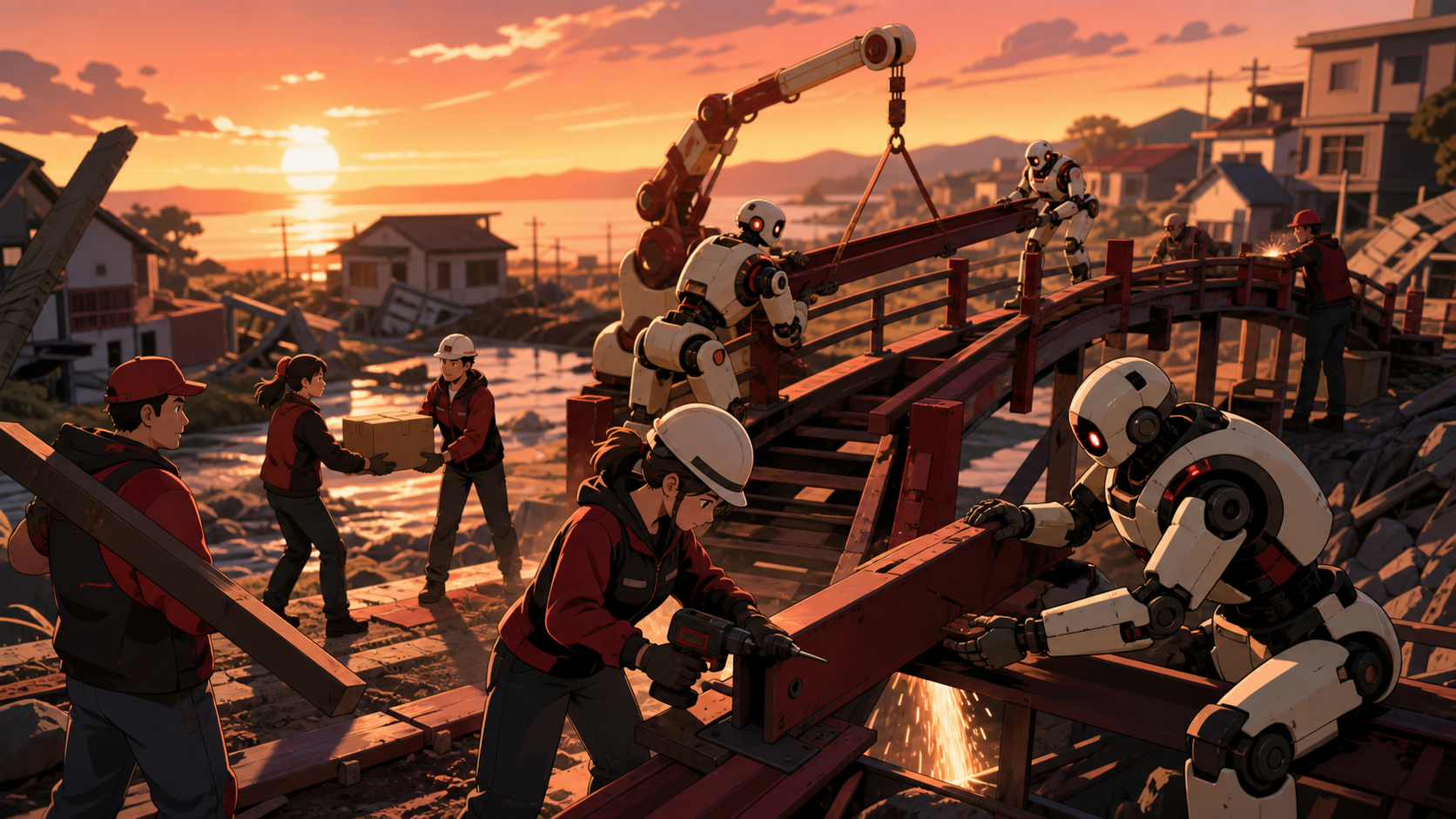 A team of service robots rebuilding a neighborhood footbridge after a storm, with ordinary people contributing through distinct useful tasks. Human-scale teamwork frame surrounded by the larger affected environment. Crim