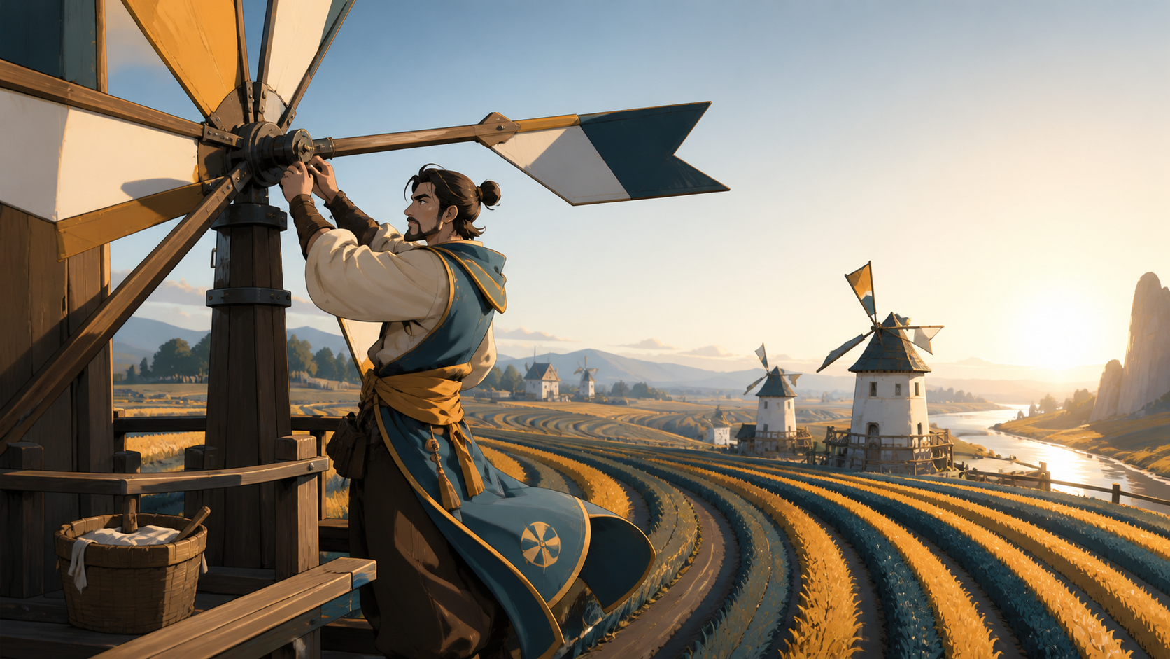 An adult miller adjusting a windmill that controls the direction of local breezes, shown as daily life with a restrained fantasy rule. Wide pastoral scene with work activity guiding the eye across the land. Saffron, peac