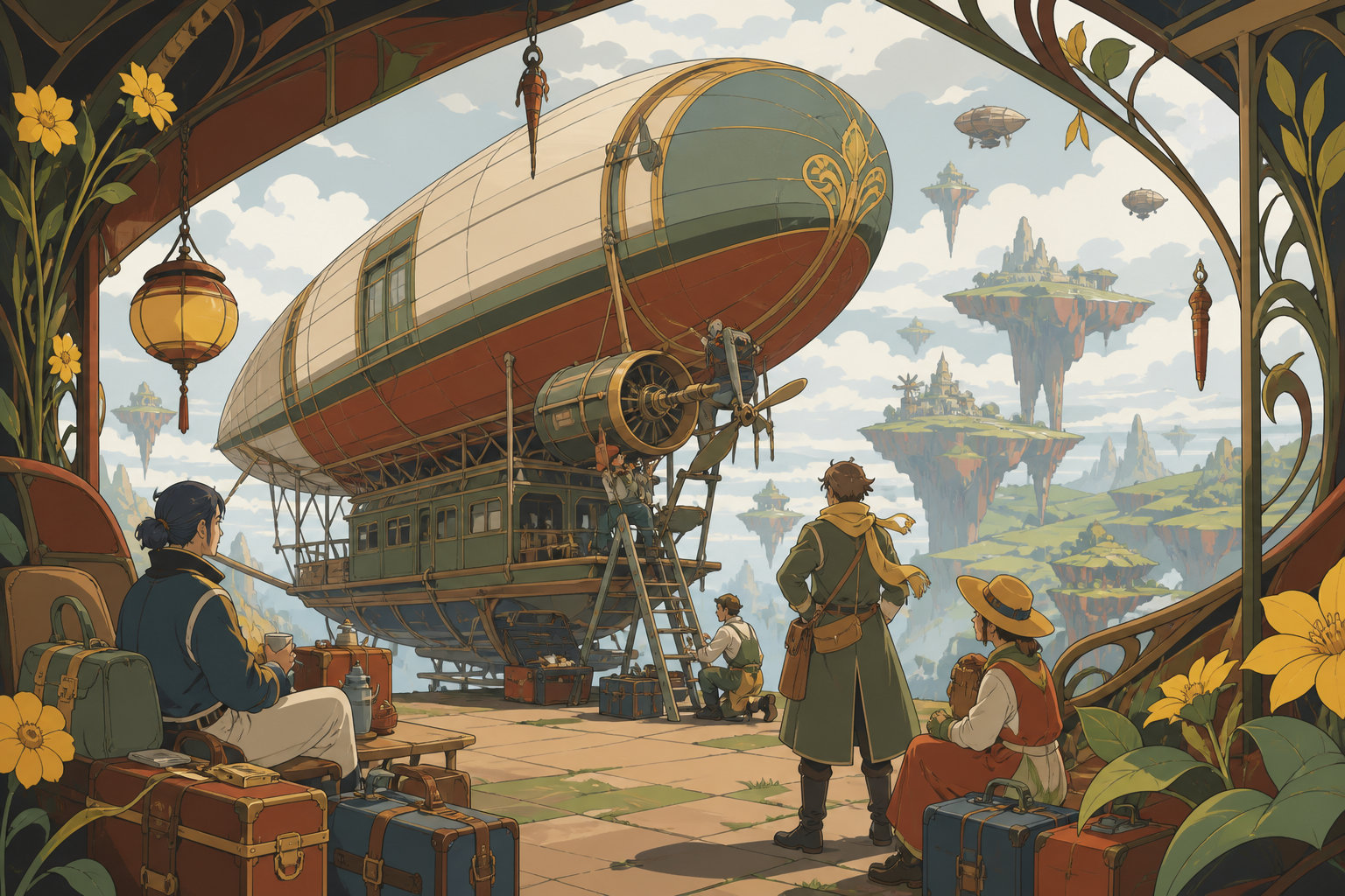 A weather-beaten airship ferry serving remote floating islands, undergoing a small roadside repair in a vast unfamiliar landscape. Wide travel-poster composition without typography, emphasizing destination and scale. Cla