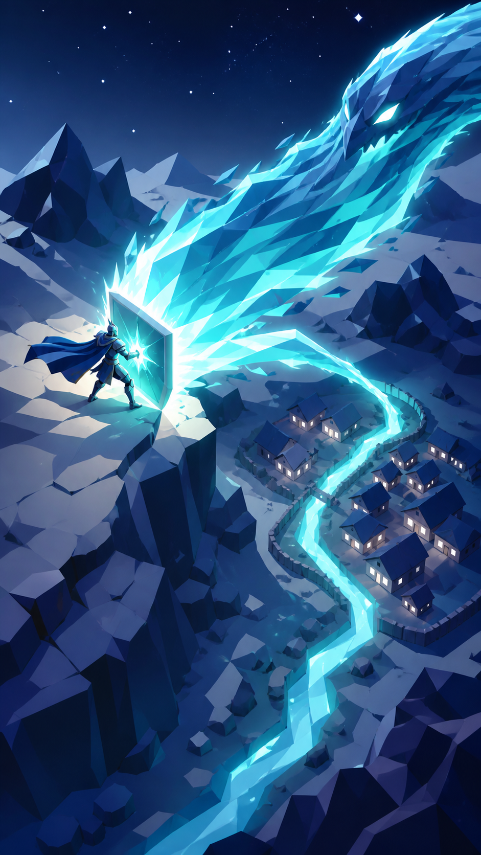 An armored guardian redirecting a river of living light away from a village, with the objective readable immediately and no gore. Overhead tactical composition showing objective, obstacle, and escape route. Ultramarine, 