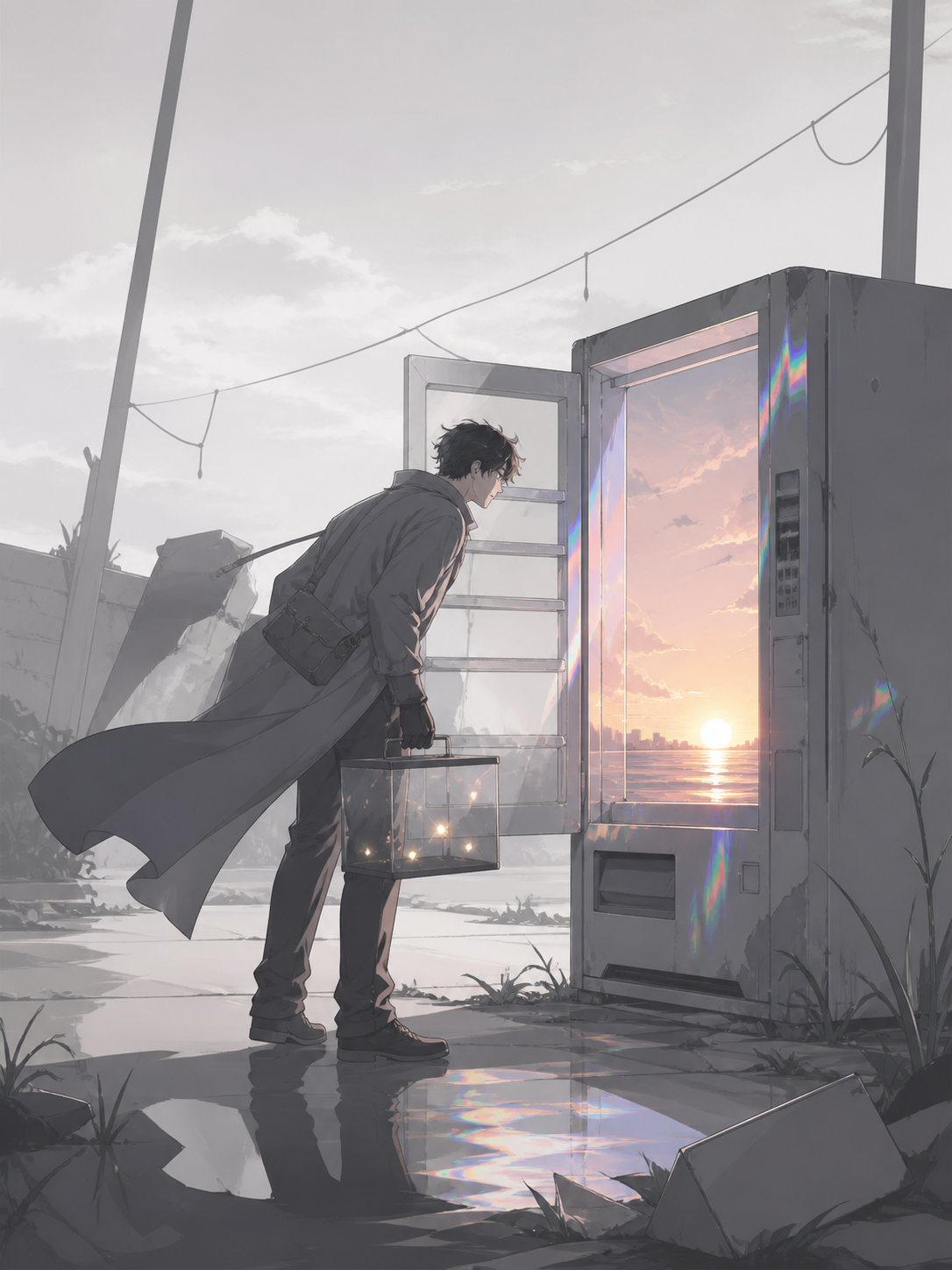 An adult male courier carrying a glass case of captive fireflies, discovering a tiny sunrise glowing inside an abandoned vending machine. Cinematic medium-wide frame with the environment carrying half the story. Monochro