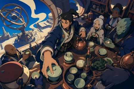 A traveling tea master setting a table at the edge of an ancient observatory, in a compact kitchen where every movement has a practical purpose. Overhead-leaning composition organi