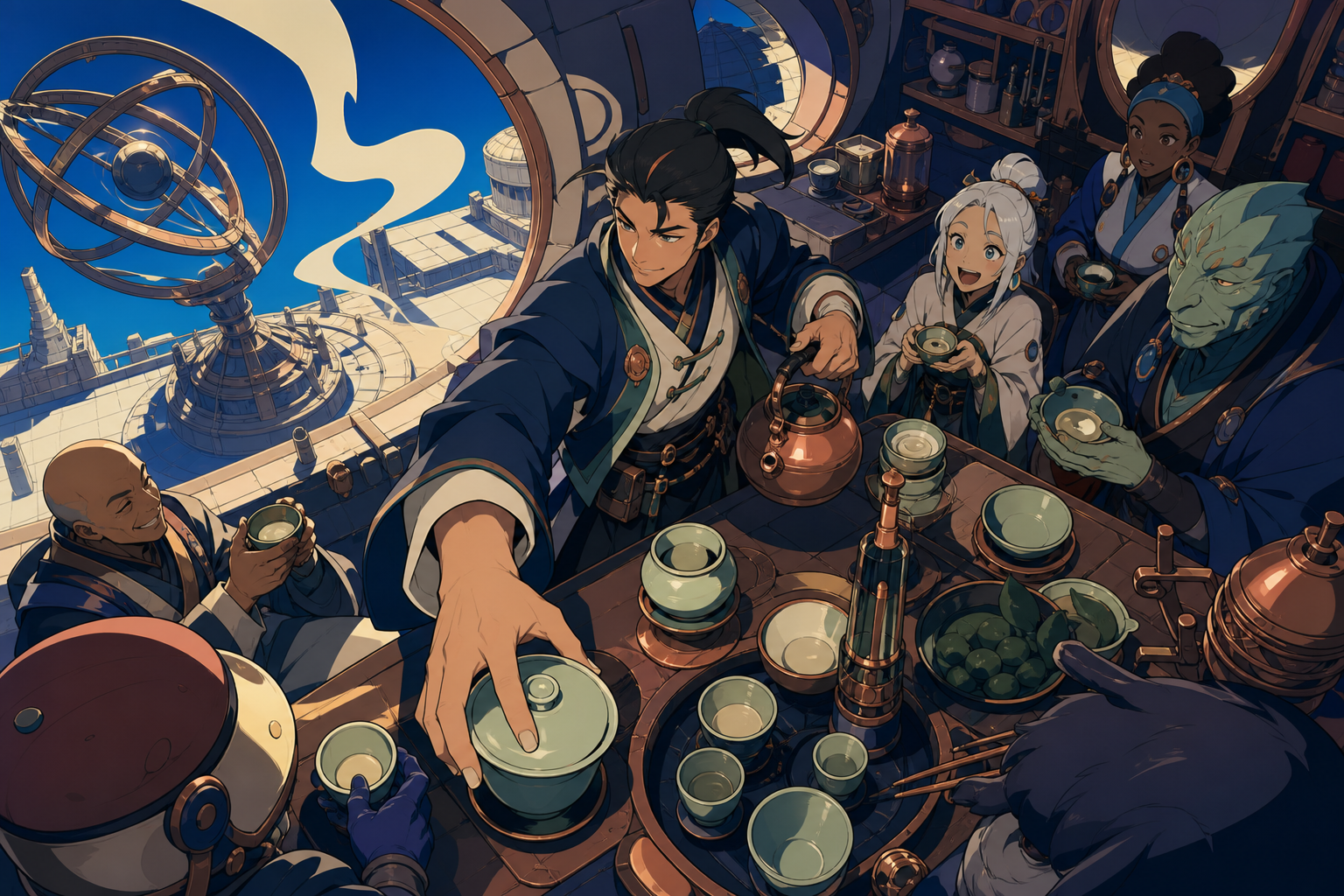 A traveling tea master setting a table at the edge of an ancient observatory, in a compact kitchen where every movement has a practical purpose. Overhead-leaning composition organized by hands, bowls, and serving rhythm.