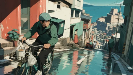A bicycle courier delivering hot noodles through a steep hillside city, just after rain leaves every street reflecting a different color. Observational street-level frame with fore